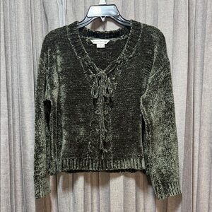 Olive V-Neck Sweater with Lace Detail